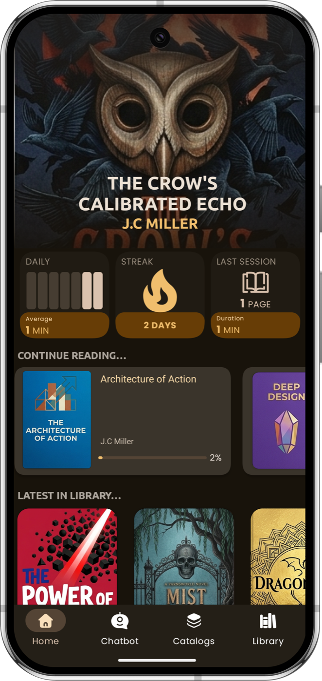 Ebooklet Home screen showing the currently-reading book cover, daily/streak/last-session stats, and Continue Reading shelf